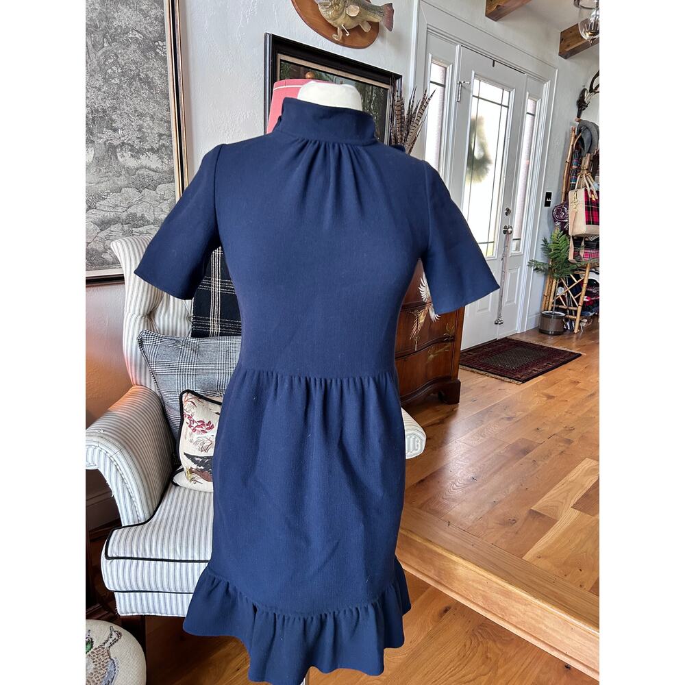 Vintage Oscar de la Renta Navy Dress Bow Back High Neck Ruffle Hem USA Size 12